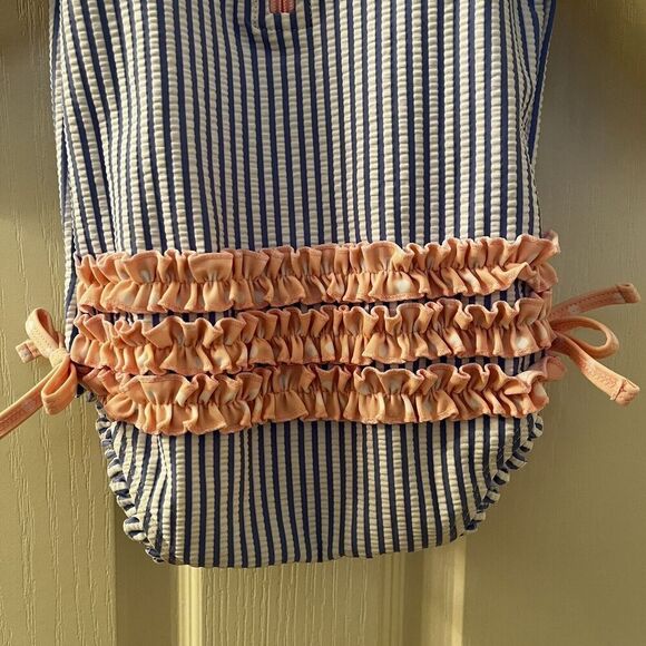 RuffleButts Seersucker One Piece Rash Guard Swimsuit Blue Pink Size 6-12 Months - Picture 14 of 15